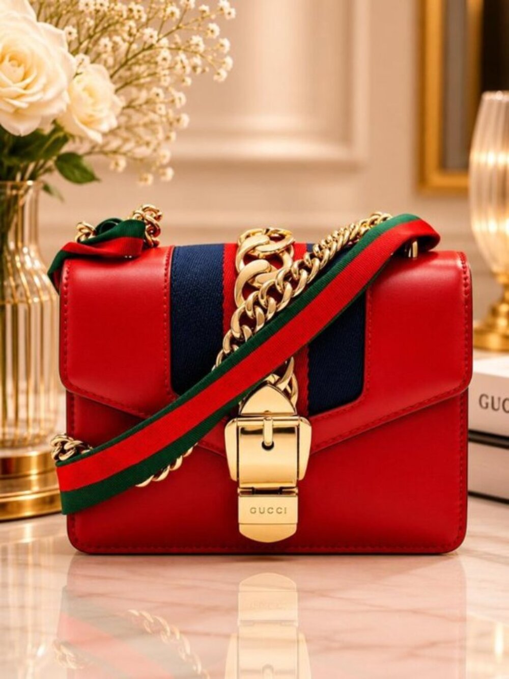 Authentic Gucci Sylvie Small Red Leather Web Stripe Chain Shoulder Bag
